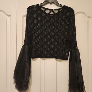 Whimsygoth Sheer Black Bell Sleeve Blouse Top Lace Sz 2XL Vintage Made in USA